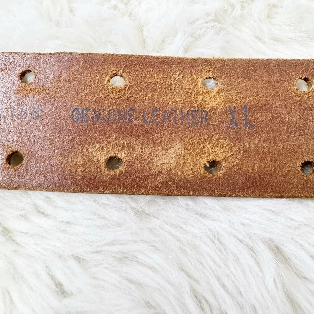 VINTAGE The Buckle Y2K Wide Tan Leather Belt Size XL Tooled Cutout Boho Festival